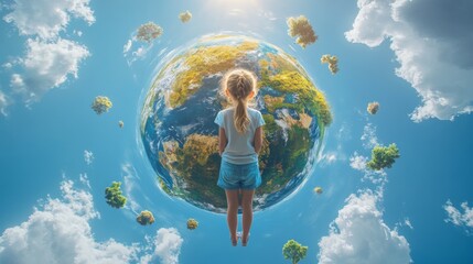 Girl Floating in Imaginative Earth Scene