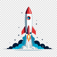 Colorful Cartoon Rocket Launching with Flames and Stars