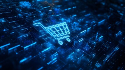 E-commerce banner design on an abstract futuristic background featuring a blue glowing digital shopping cart icon on a dark blue hologram technology and cyberspace concept