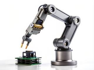 A miniature robotic arm, constructed with graphite composites, grasping a small electronic component, set against a clean white background to emphasize the precision and delicacy of the device.