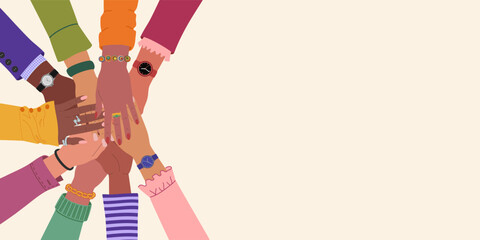 Different multiracial hands putting together. Concept of teamwork, social movement, partnership, cooperation. Hand drawn vector illustration isolated on light background.Modern flat cartoon style.