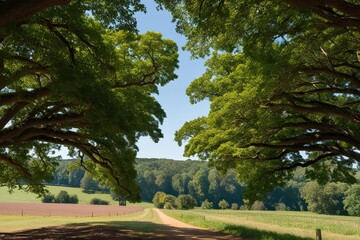 Naklejka premium Lush Tree Canopies Over Scenic Countryside Landscape with Vivid Visual Detail