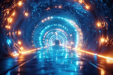 Abstract tunnel, corridor with rays of light and new highlights. Abstract blue background, neon. Scene with rays and lines, Round arch, light in motion, night view
