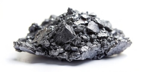 A single, large graphite flake isolated on a clean, white background, carefully lit to bring out its delicate, layered structure and subtle color variations