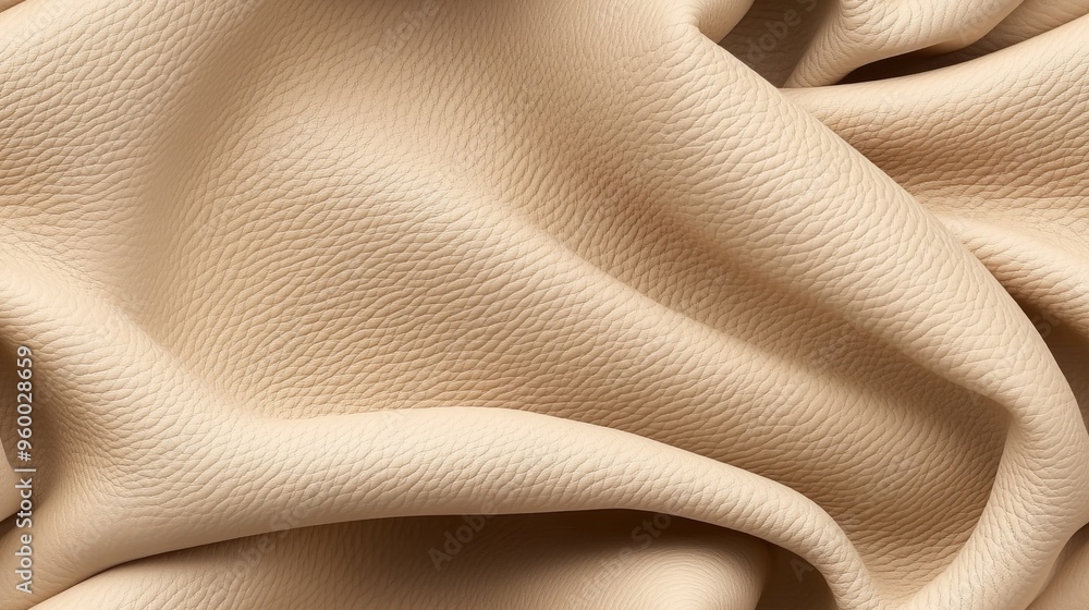 Poster the smooth and soft white fabric cascades gently, displaying rhythmic waves and folds under warm nat