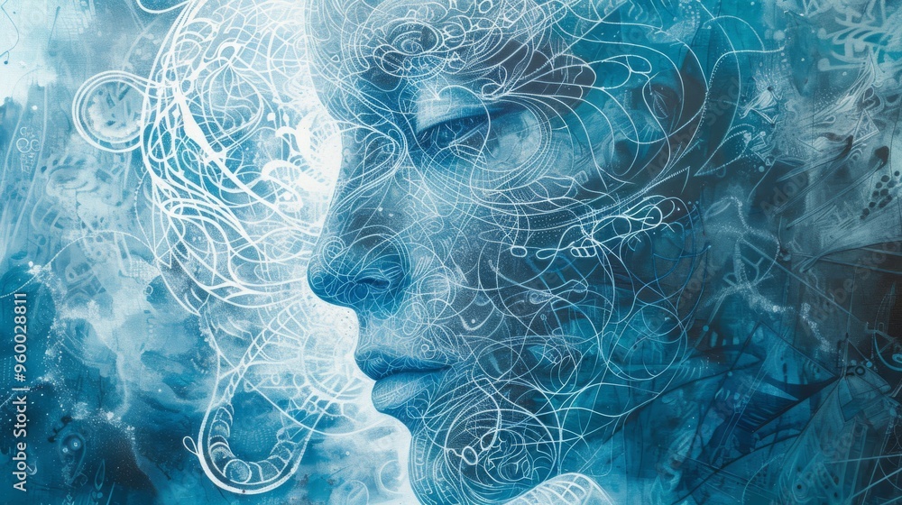 Poster detailed digital artwork featuring a human face with complex patterns in shades of blue, evoking a s