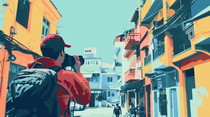 View of a street photographer capturing city life flat design front view urban exploration theme water color Triadic Color Scheme