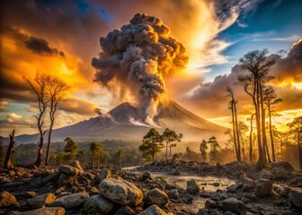 Sunrise over a volcano that has erupted hours ago, with smoke and ash clouds towering above, lit by the golden light of dawn