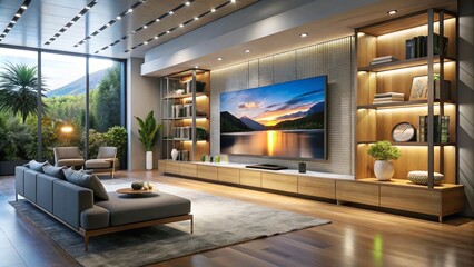 Fototapeta premium A stunning Large modern V series TV takes center stage in the luxurious furniture store showroom, its cutting-edge