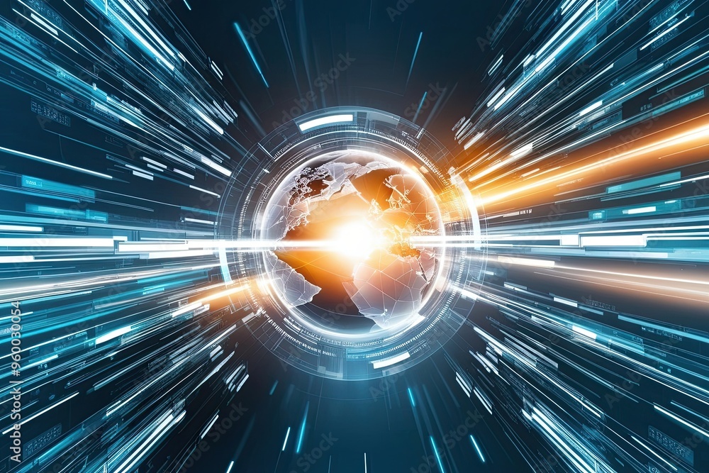 Poster abstract technology background illustrating rapid global data transfer and high-speed network dynami
