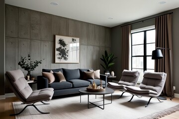 Fototapeta premium Cozy Living Room Design with Charcoal Gray and Muted Taupe Tones Unique Microcement Wall Texture Curated Decor and Comfortable Lounge Chairs