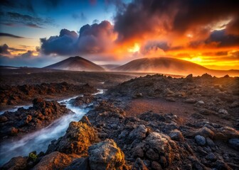 Darkness of volcanic soil contrasted against the misty dawn light, highlighting the rugged texture and rusty hues