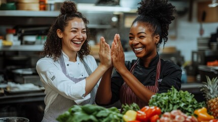 Naklejka premium Chefs Celebrating in Kitchen