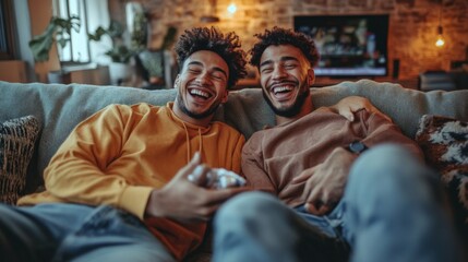 Obraz premium Two Friends Laughing on Couch