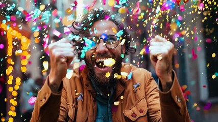 Excited bearded man cheering with colorful confetti in an outdoor celebration