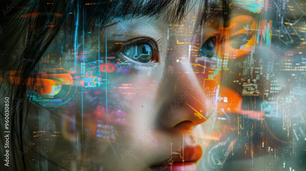 Poster close-up of a woman's face merged with a digital interface, reflecting futuristic themes and advance