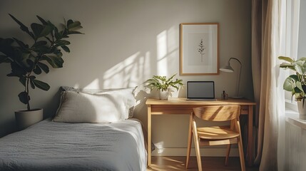 Fototapeta premium A serene and organized minimalist bedroom with a simple wooden desk and chair set up as a cozy workspace promoting focus and efficiency in a calm living space