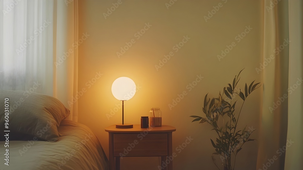 Poster a minimalist and modern bedroom design featuring a small bedside table with a sleek table lamp and a