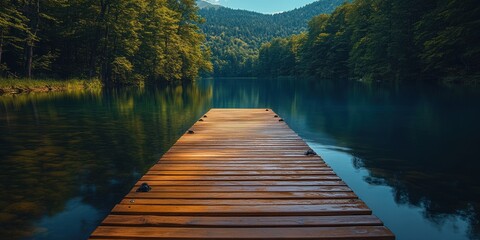 Obraz premium Wooden Dock Extending into a Serene Forest Lake