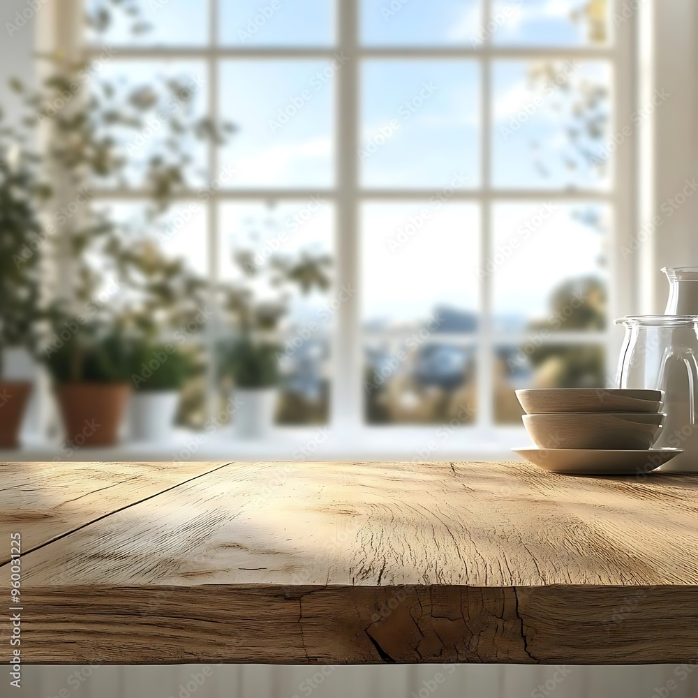 Poster rustic wooden table background with bright window view