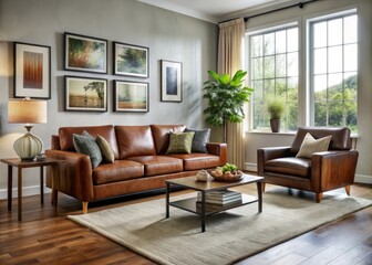 * A stylish brown leather sofa and armchair add sophistication to a modern living room, complementing updated decor