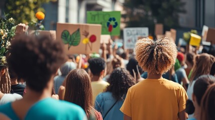 A diverse crowd at an environmental protest, with people wearing eco-friendly clothing and holding creative signs about reducing waste.