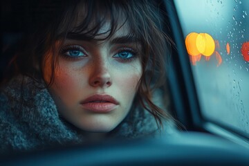 young person sitting tensely in a car exuding an air of unease and secrecy dimly lit interior suggests a clandestine meeting or illicit activity in an urban setting