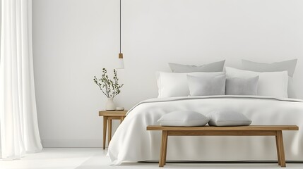 Tranquil minimalist bedroom setting featuring a wooden bench at the foot of the bed and soft inviting pillows creating a serene and calming atmosphere