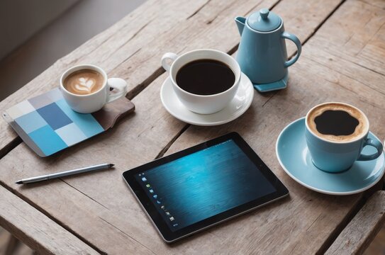 Coffee break with tablet on wooden table - Powered by Adobe