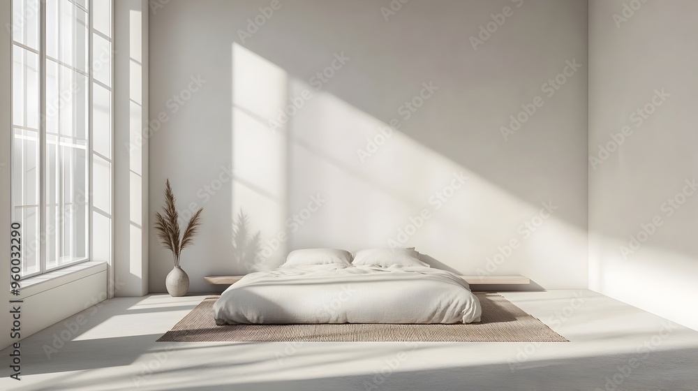 Poster minimalist bedroom emphasizing simplicity and tranquility in a clean uncluttered space with a bed su