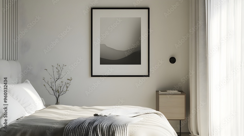 Poster a tranquil and serene minimalist bedroom featuring a floating nightstand a soft throw blanket on the