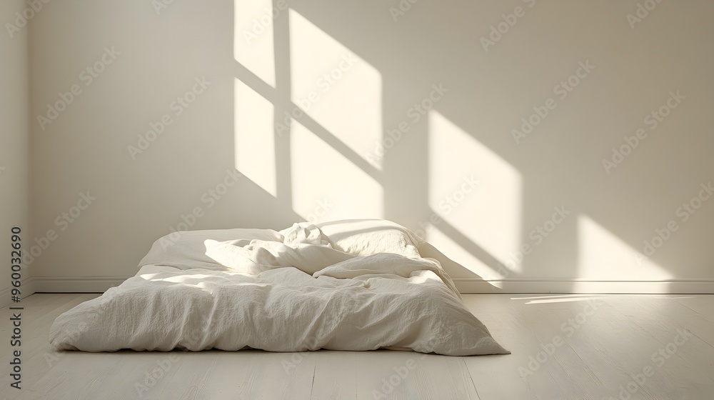 Aufkleber a minimalist and serene bedroom design featuring a bed on a light colored wooden floor with clean si