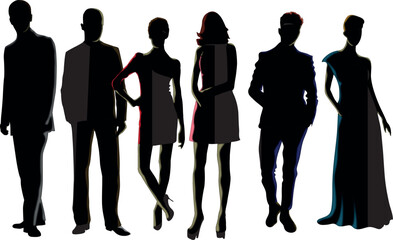 man and woman stand on different poses