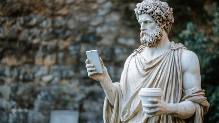 Classical Greek God with Coffee & Smartphone: Morning View of Digital Wellness, Time Loss, & Modern Bad Habits