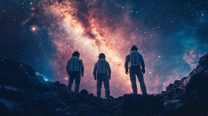 Fototapeta premium Title: Astronauts on Alien Planet Against Starry Galaxyastronauts