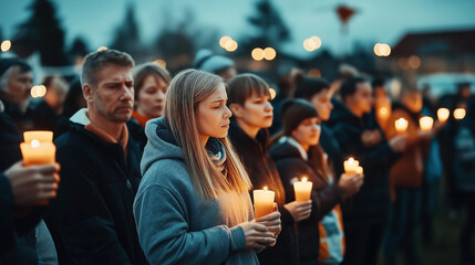 A solemn crowd of people holding lit candles during an evening vigil. Participants are dressed warmly and appear to be focused and contemplative.