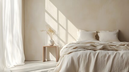 A serene and stylish minimalist bedroom setting featuring a bed dressed in soft light colored linens with a single bedside table creating a cozy and inviting atmosphere for rest and relaxation