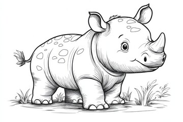 Fototapeta premium Cute baby rhino standing in the grass sketch drawing, coloring page