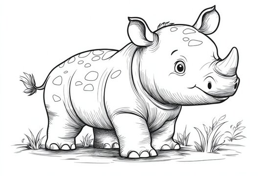 recommend clip art: Cute baby rhino standing in the grass sketch drawing, coloring page