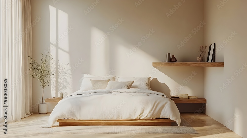 Aufkleber serene minimalist bedroom with clean lined bed floating shelf and neutral color palette creating a c
