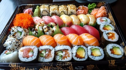 A fresh, colorful sushi platter with a variety of rolls and sashimi, beautifully presented and offering an array of flavors too delicious to resist.