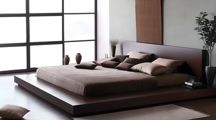 Serene and Sophisticated Modern Bedroom Design with a Sleek Platform Bed Dark Wood Accents and Minimalist Decor Creating a Peaceful and Relaxing Ambiance