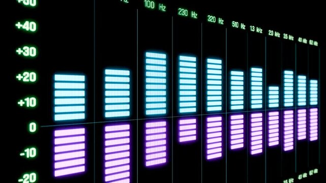 Close-up digital equalizer. Sound mixer and recording studio, adjustment of frequencies, volume and other technical sound parameters.