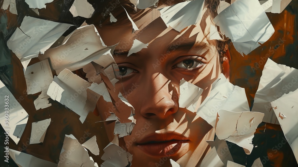 Poster a close-up portrait of a young man with intense eyes, surrounded by floating paper shards. the fragm