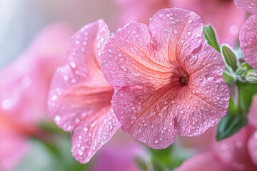 Delicate pink petunia flowers blooming in garden with water droplets