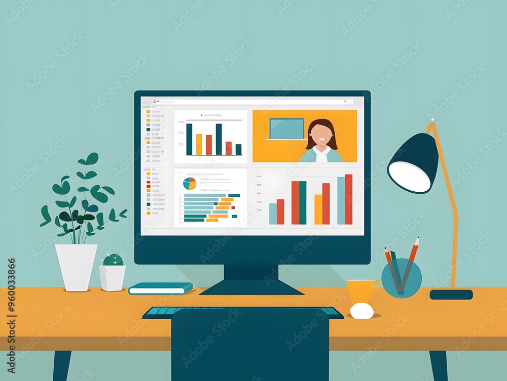 Poster illustration of a desk workspace with a computer screen displaying various charts, graphs, and a vid