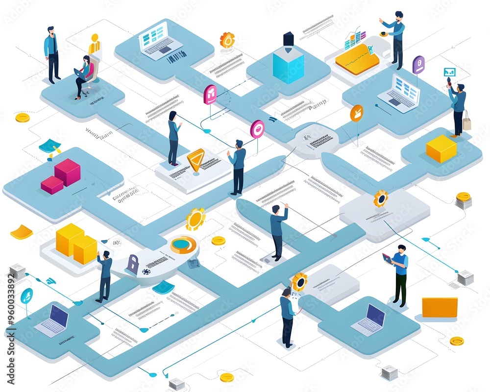 Aufkleber illustration of a network of people collaborating and managing tasks in a digital workspace with var