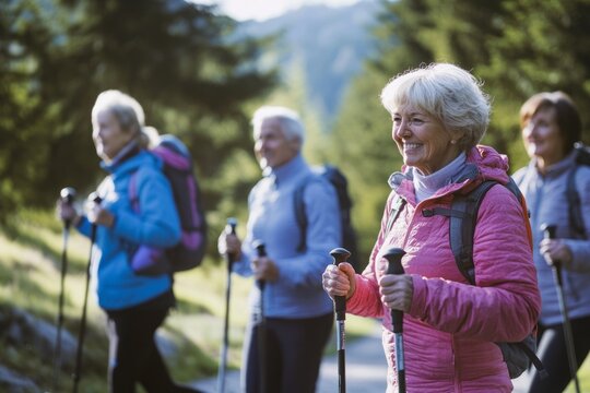 Smiling senior couple walking with nordic walking poles in snowy winter park. Elderly wife and husband doing healthy exercise outdoors.
