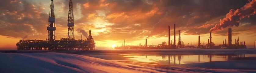 Industrial oil refinery at sunset, showcasing power and energy against a dramatic sky reflecting on a calm water surface.