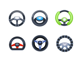 Set of six steering wheels showing different styles and designs for drivers of all types, from racing cars to everyday vehicles.